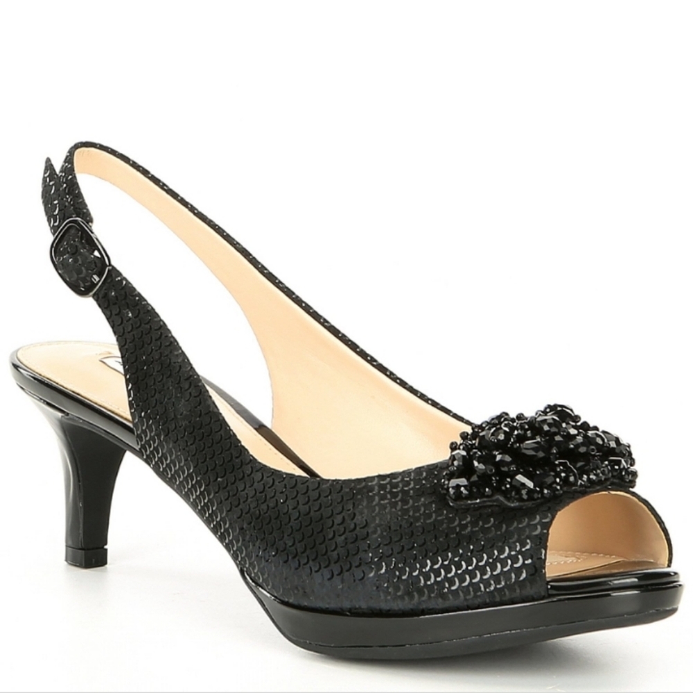 COPY - Alex Marie Belora Suede Peep-Toe Beaded Ornament Sling-Back Pumps 7 - Picture 1 of 8